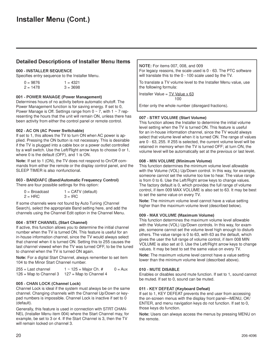 LG Electronics 22LG3DDH, 32LG3DDH, 32LG3DCH Detailed Descriptions of Installer Menu Items, Installer Sequence, Mute Disable 