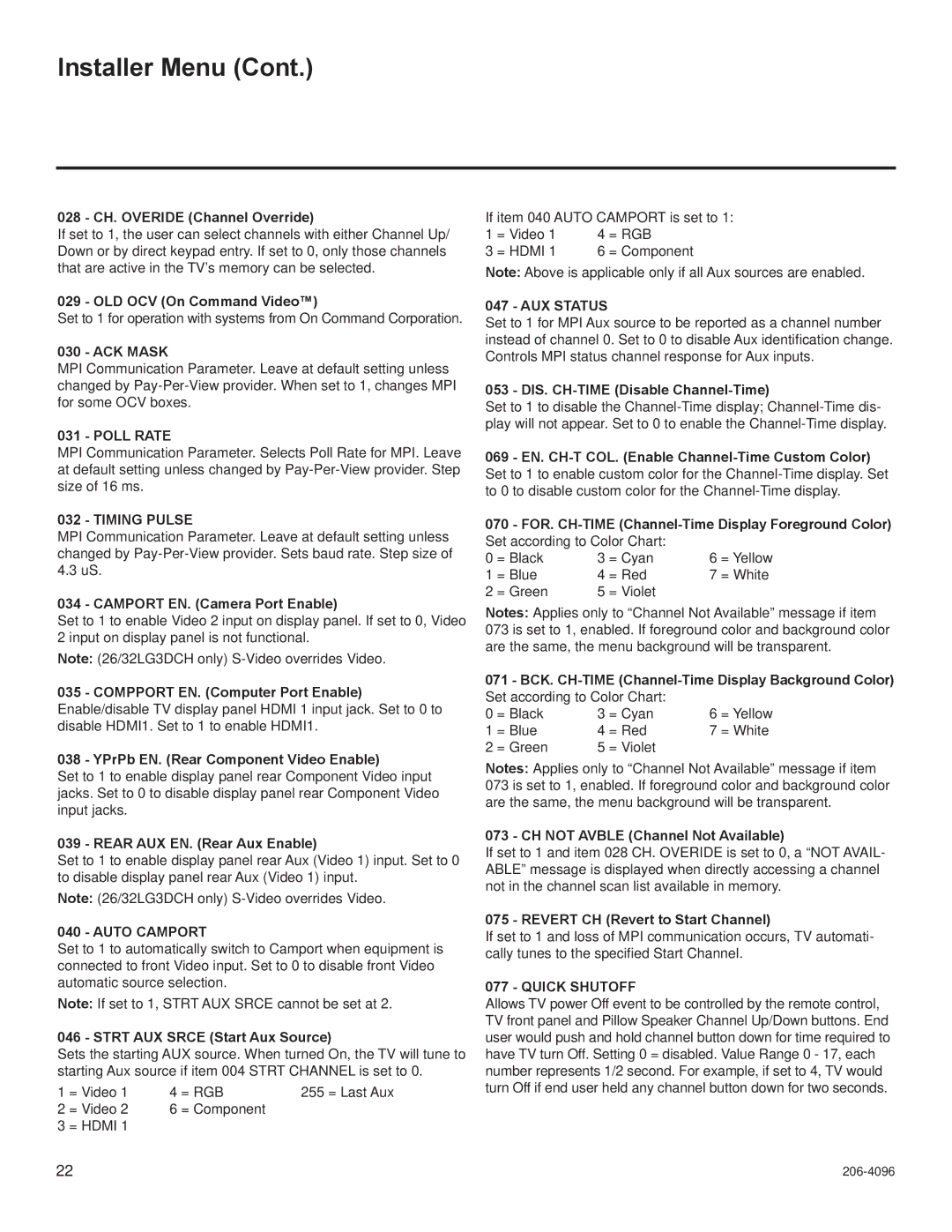 LG Electronics 26LG3DCH, 32LG3DDH, 32LG3DCH, 22LG3DDH Poll Rate, Timing Pulse, Auto Camport, AUX Status, Quick Shutoff 