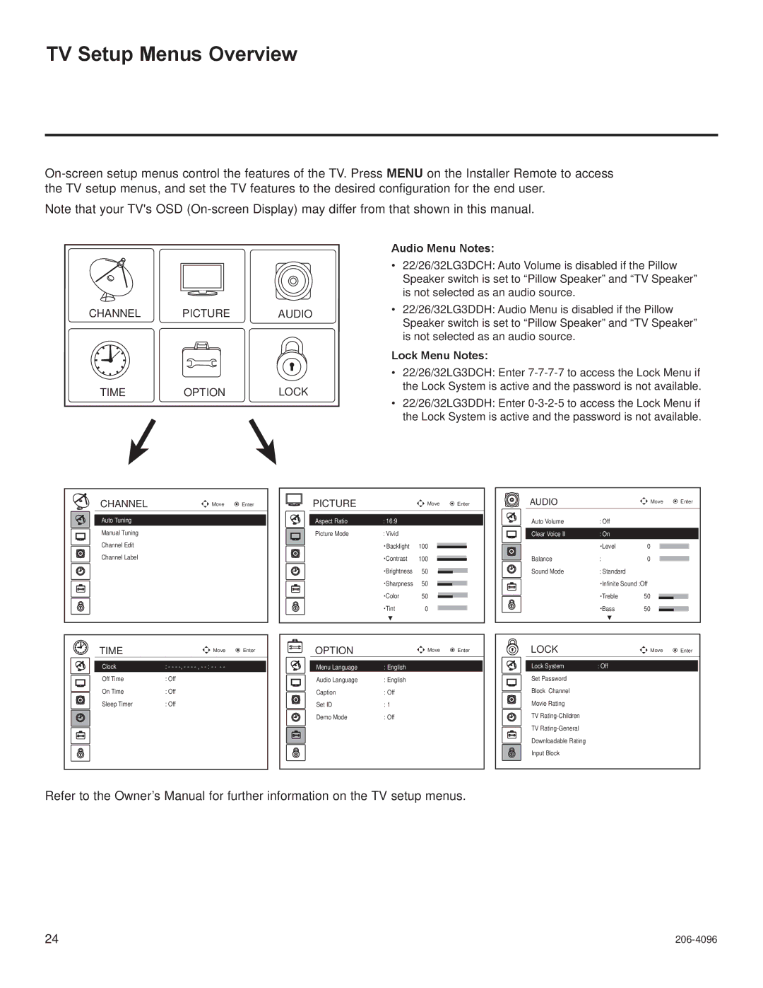 LG Electronics 32LG3DDH, 32LG3DCH, 22LG3DDH, 22LG3DCH, 26LG3DCH TV Setup Menus Overview, Audio Menu Notes, Lock Menu Notes 