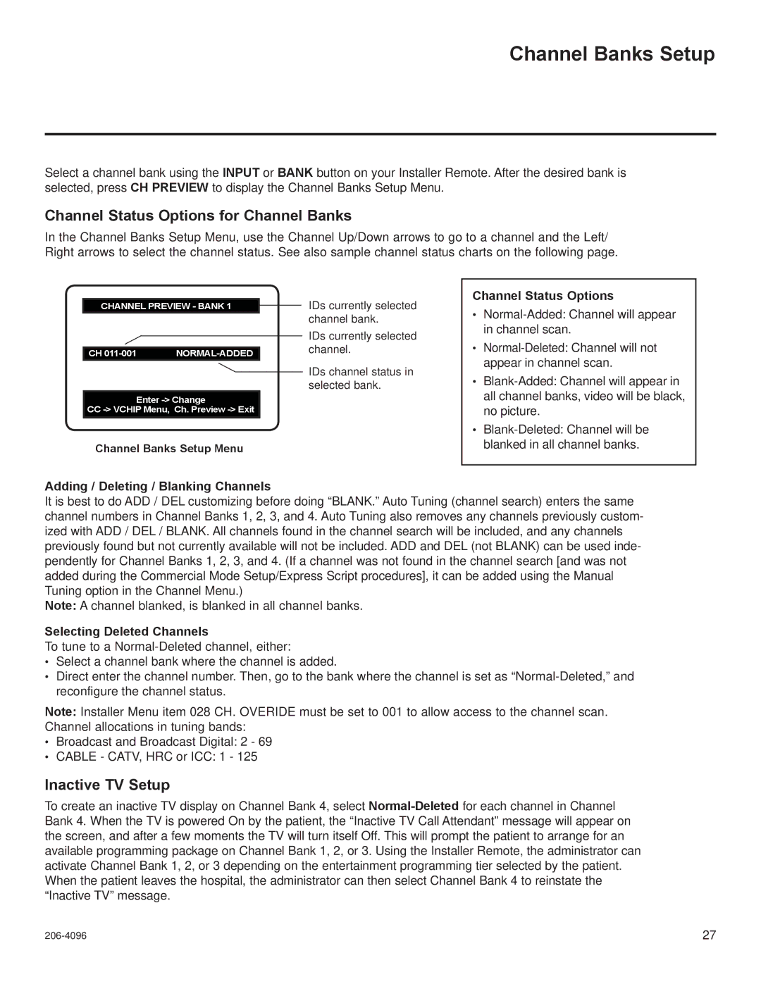 LG Electronics 22LG3DCH, 32LG3DDH Channel Banks Setup, Channel Status Options for Channel Banks, Inactive TV Setup 