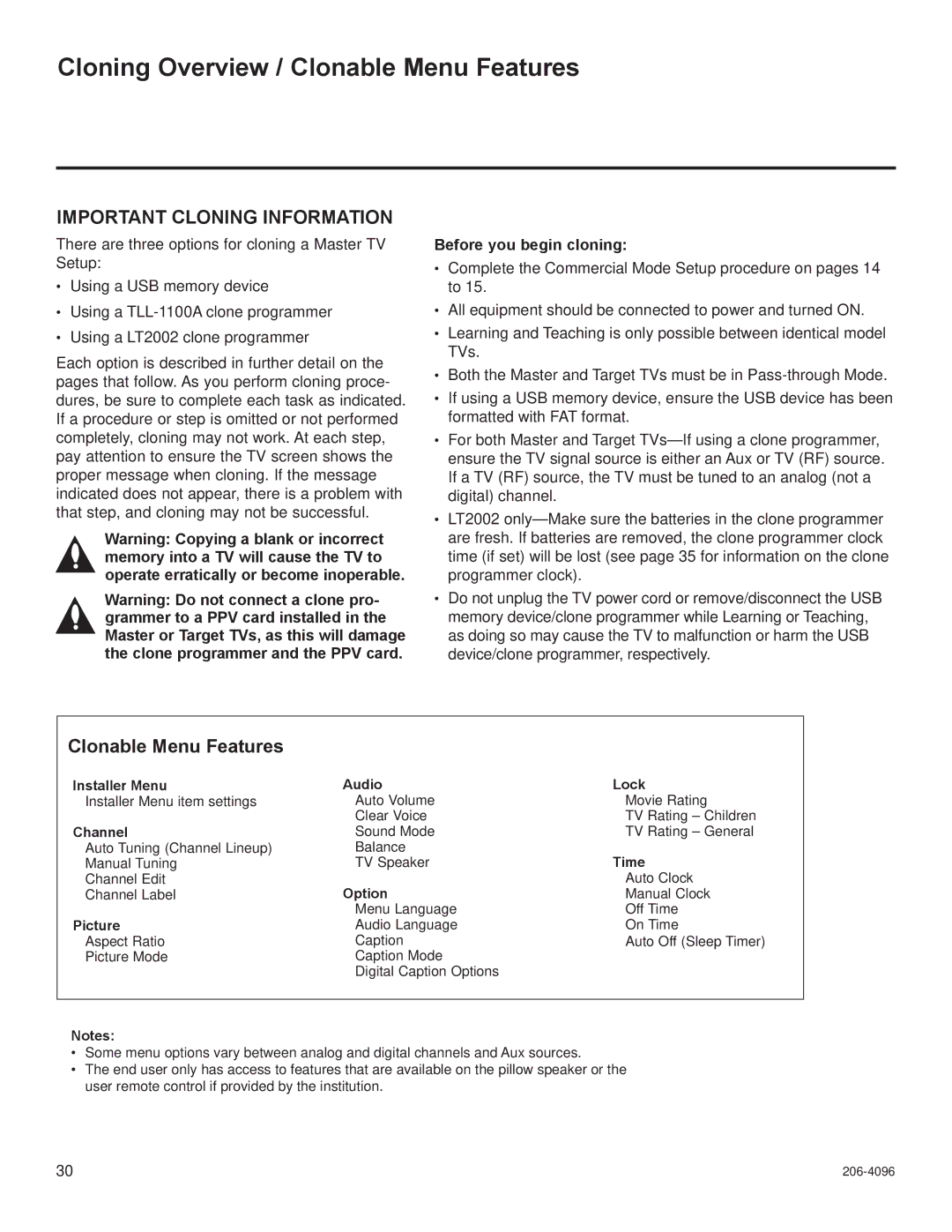 LG Electronics 32LG3DDH, 32LG3DCH, 22LG3DDH, 22LG3DCH Cloning Overview / Clonable Menu Features, Before you begin cloning 