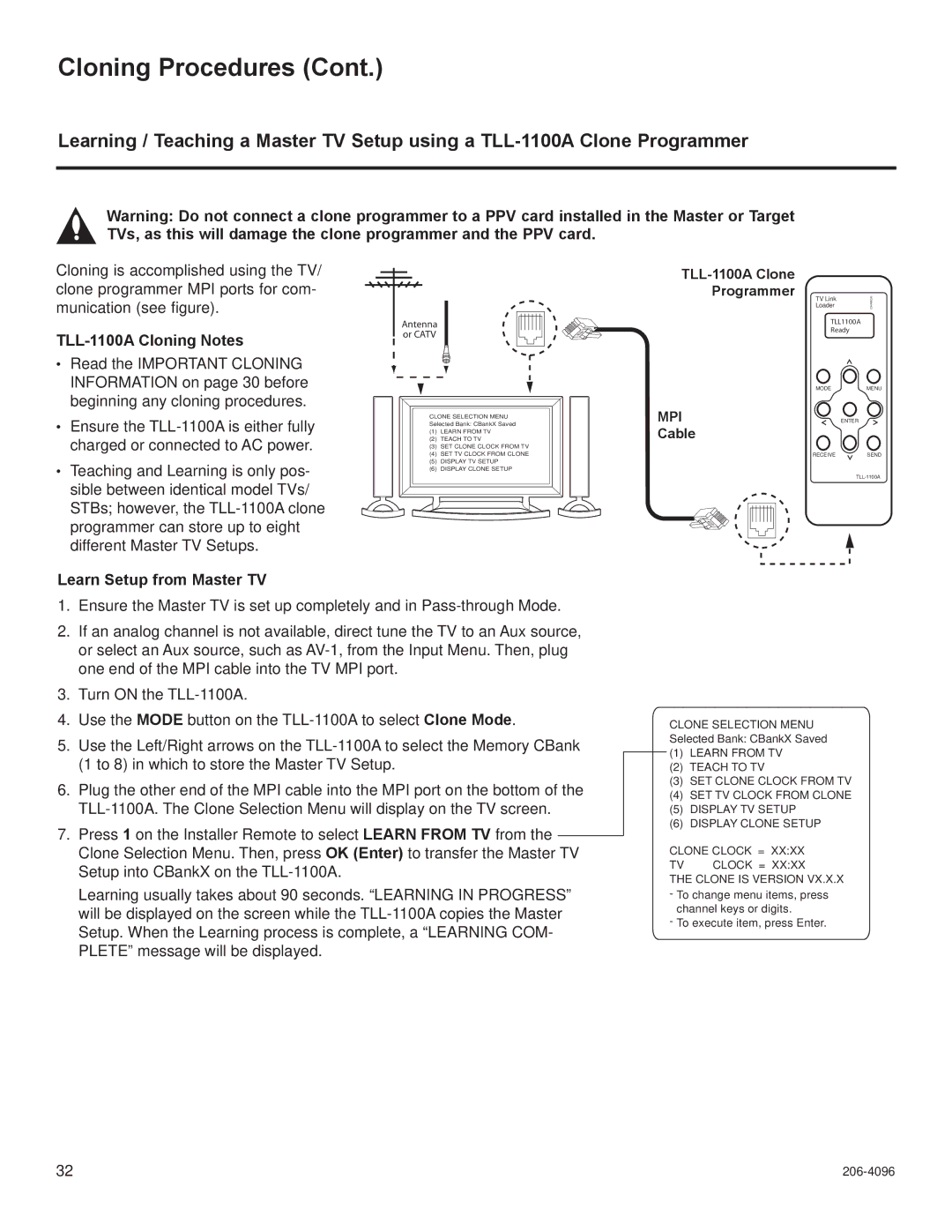 LG Electronics 22LG3DDH, 32LG3DDH, 32LG3DCH, 22LG3DCH TLL-1100A Cloning Notes, TLL-1100A Clone Programmer TV Link, Cable 