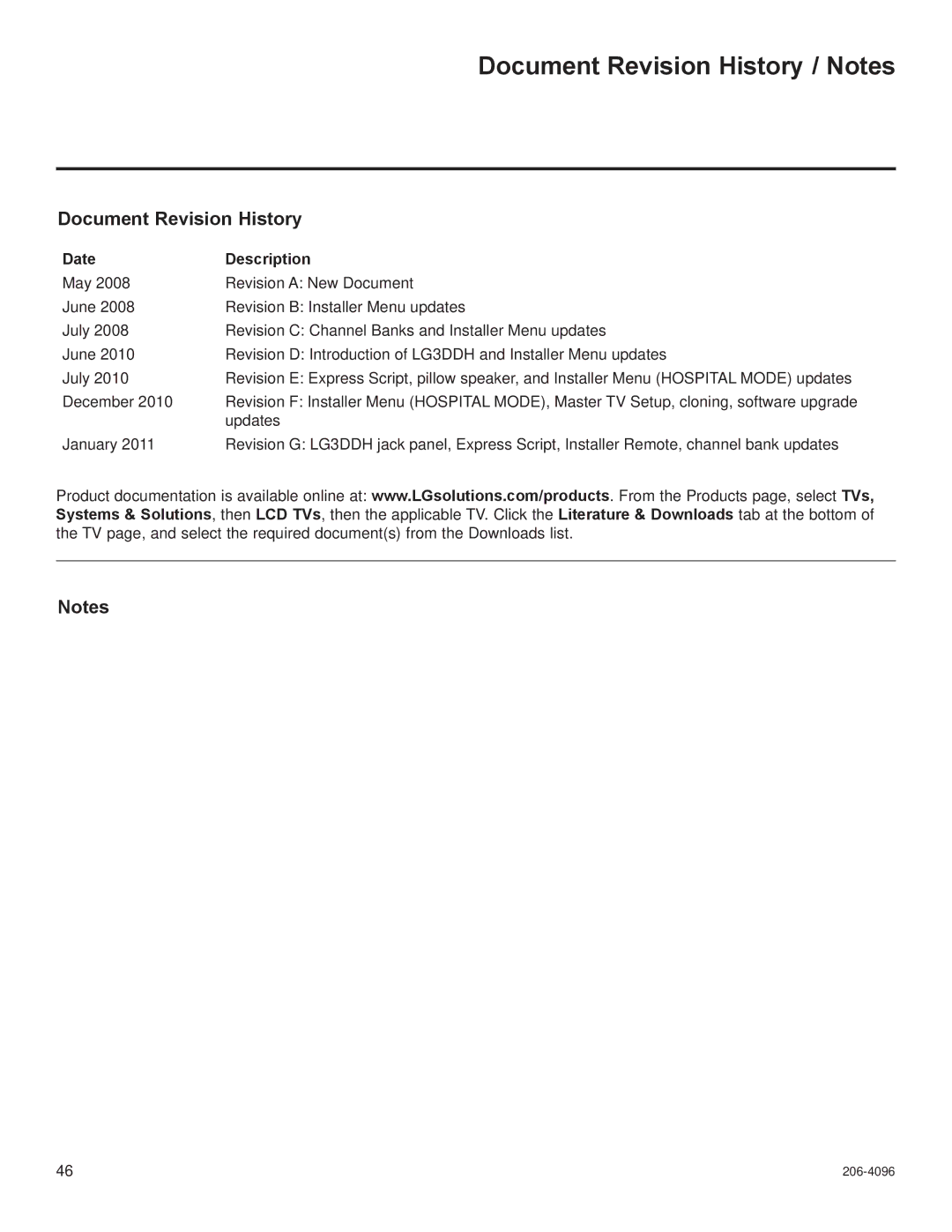 LG Electronics 26LG3DCH, 32LG3DDH, 32LG3DCH, 22LG3DDH, 22LG3DCH, 26LG3DDH Document Revision History / Notes, Date Description 