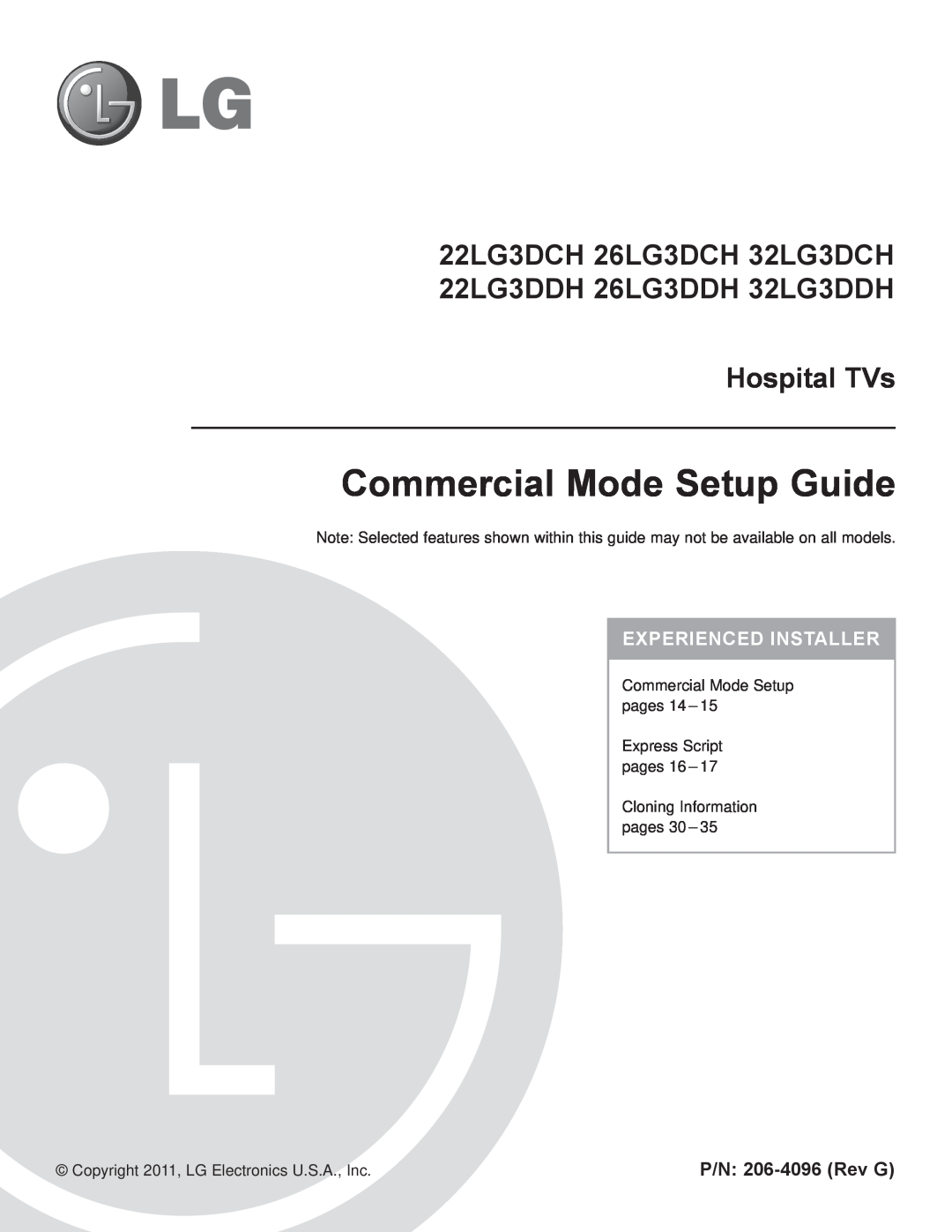 LG Electronics 32LG3DCH, 32LG3DDH setup guide Commercial Mode Setup Guide, P/N 206-4096 Rev G, Experienced Installer 