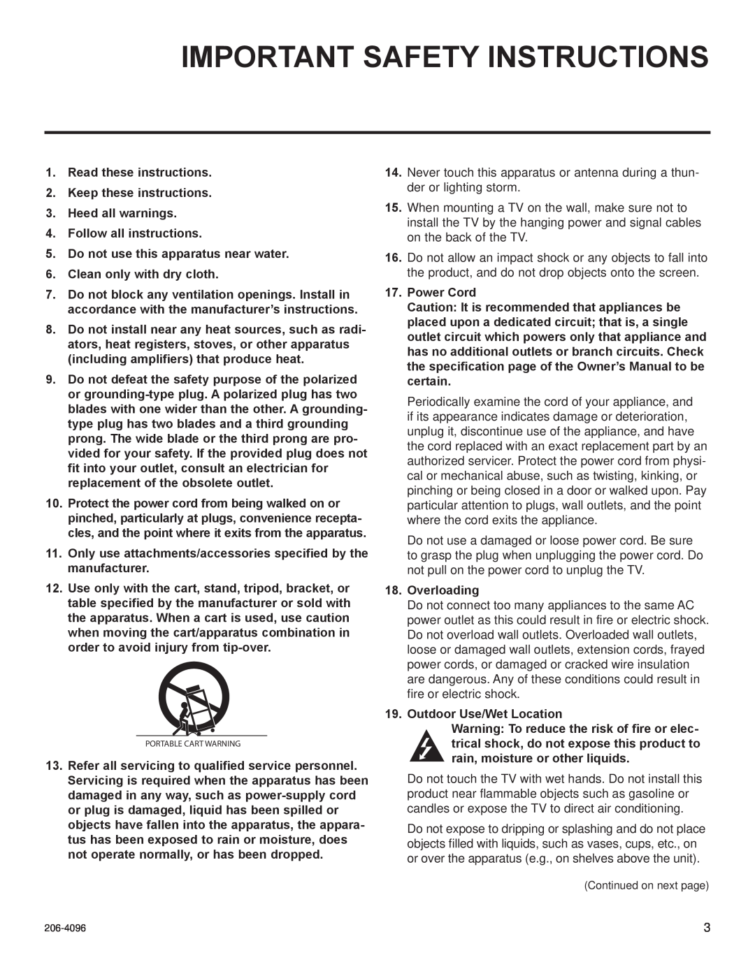 LG Electronics 22LG3DCH Important Safety Instructions, Read these instructions 2. Keep these instructions, Power Cord 