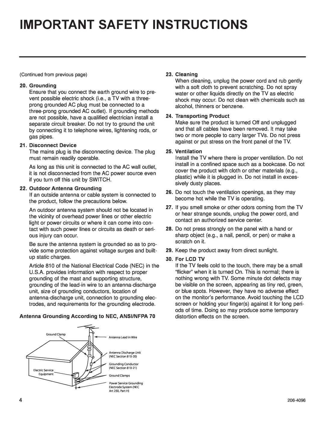 LG Electronics 26LG3DCH Important Safety Instructions, Disconnect Device, Outdoor Antenna Grounding, Cleaning 
