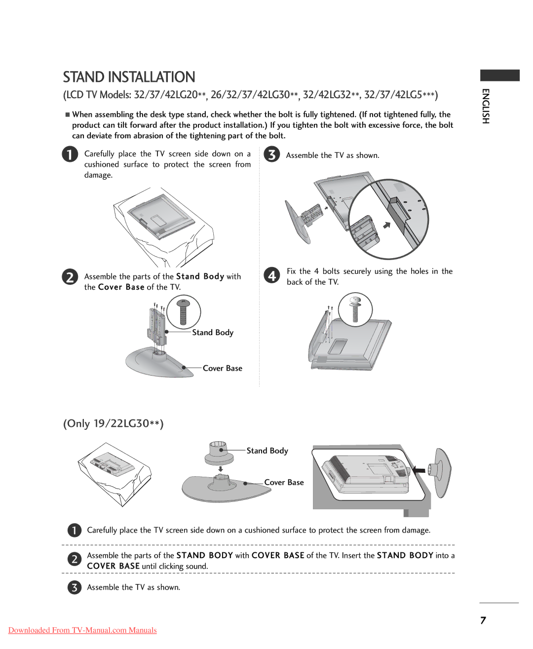 LG Electronics 32LG5*** owner manual Stand Installation, Only 19/22LG30 