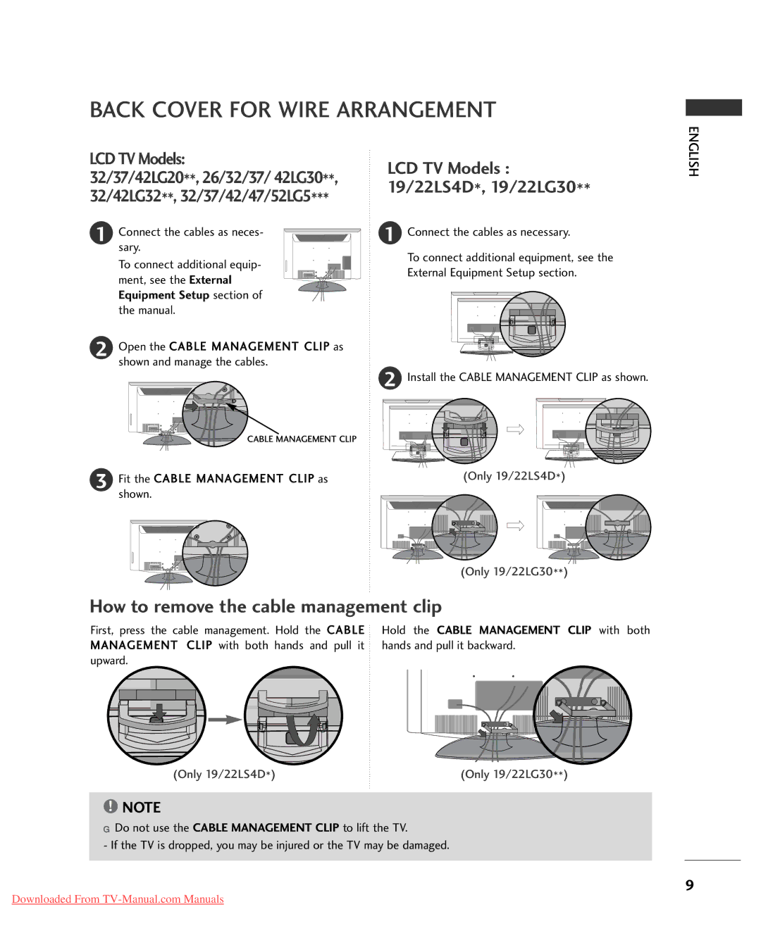 LG Electronics 32LG5*** owner manual Back Cover for Wire Arrangement, LCD TV Models 