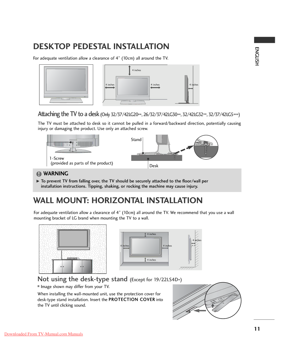 LG Electronics 32LG50* owner manual Desktop Pedestal Installation 