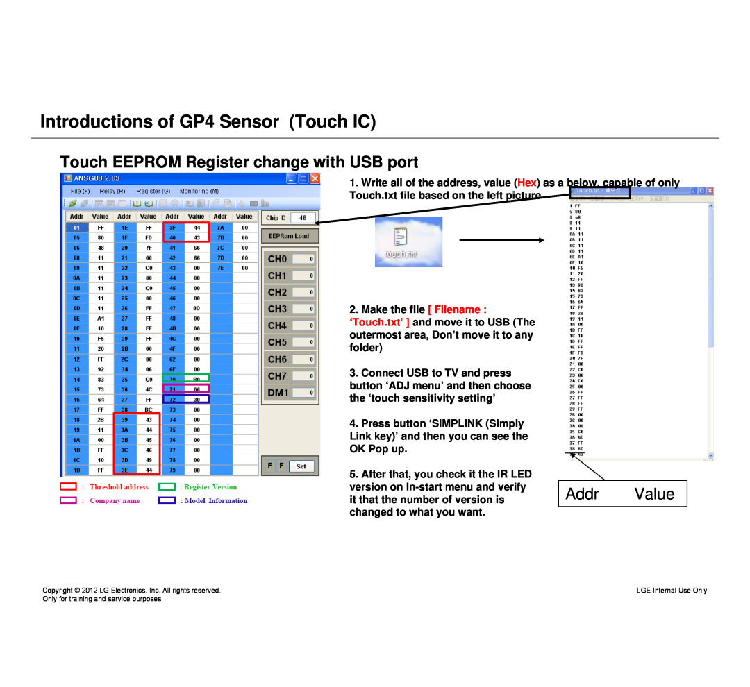 LG Electronics 640T-ZA Touch EEPROM Register change with USB port, Addr Value, Introductions of GP4 Sensor Touch IC 