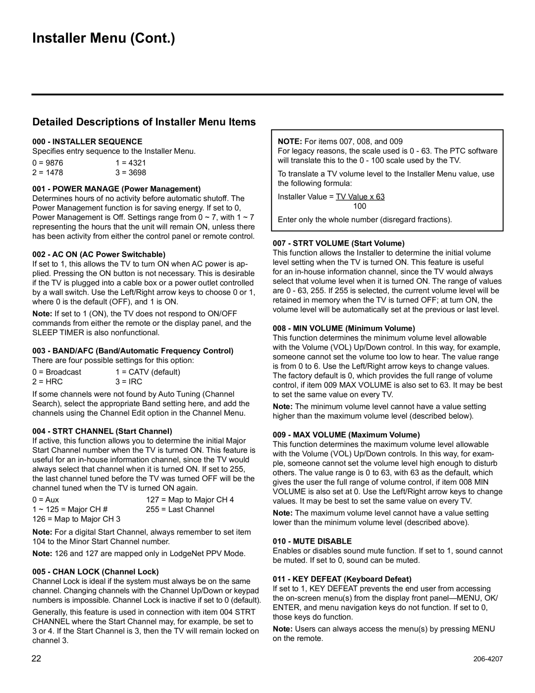 LG Electronics 22LQ630H, 32LQ630H, 42CQ610H Detailed Descriptions of Installer Menu Items, Installer Sequence, Mute Disable 