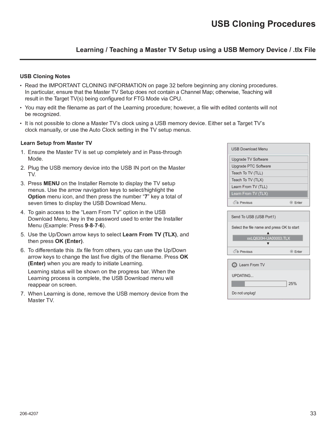 LG Electronics 42CQ610H, 32LQ630H, 22LQ630H, 26LQ630H USB Cloning Procedures, USB Cloning Notes, Learn Setup from Master TV 