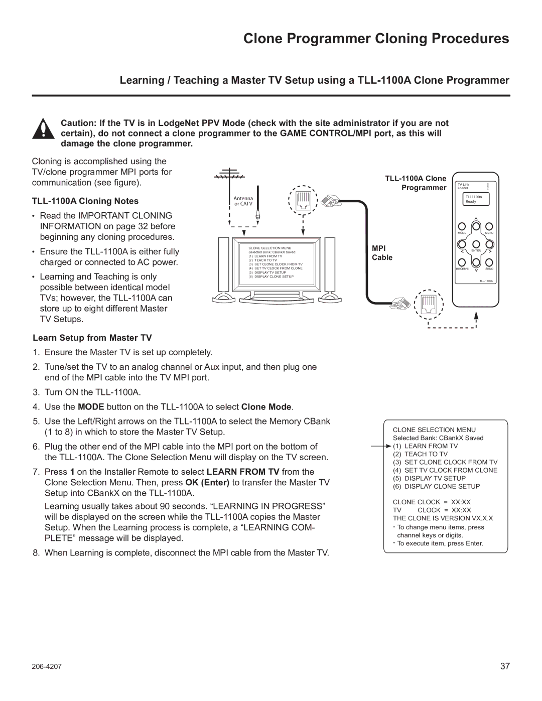 LG Electronics 42CQ610H, 32LQ630H, 22LQ630H, 26LQ630H setup guide Clone Programmer Cloning Procedures, TLL-1100A Cloning Notes 