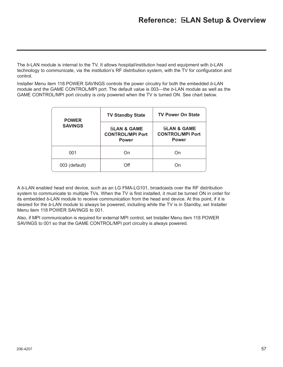 LG Electronics 42CQ610H Reference b-LAN Setup & Overview, TV Standby State TV Power On State, LAN & Game CONTROL/MPI Port 