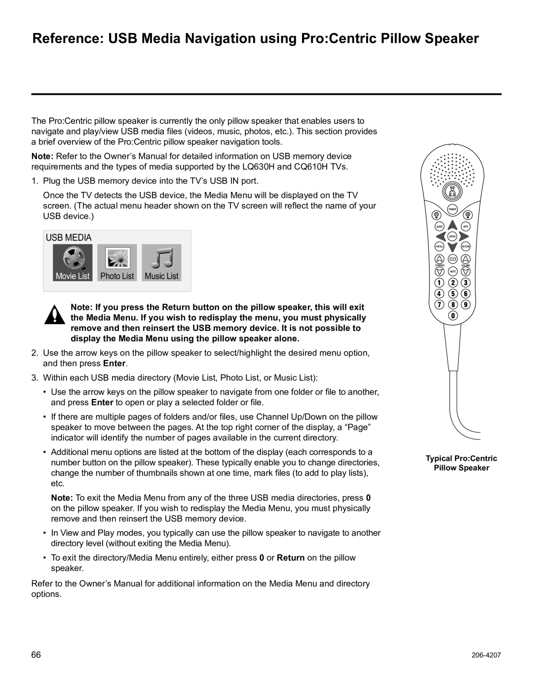 LG Electronics 22LQ630H, 32LQ630H, 42CQ610H, 26LQ630H setup guide USB Media, Typical ProCentric Pillow Speaker 