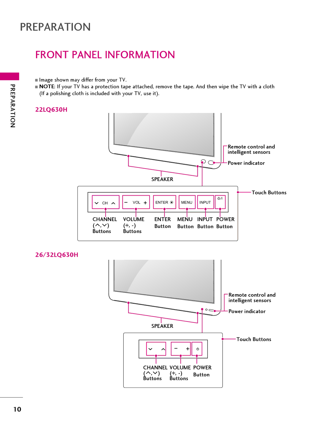 LG Electronics 22LQ630H, 32LQ630H, 42CQ610H, 26LQ630H owner manual Preparation, Front Panel Information 