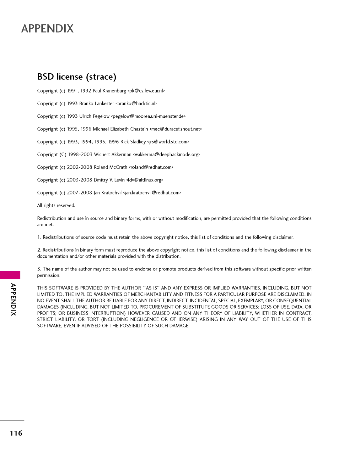 LG Electronics 32LQ630H, 42CQ610H, 22LQ630H, 26LQ630H owner manual BSD license strace 