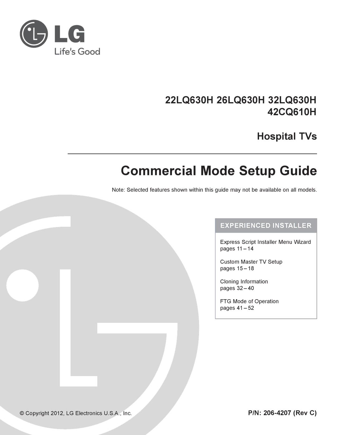 LG Electronics 22LQ630H, 32LQ630H, 42CQ610H, 26LQ630H owner manual Rev C, Copyright 2012, LG Electronics U.S.A., Inc 