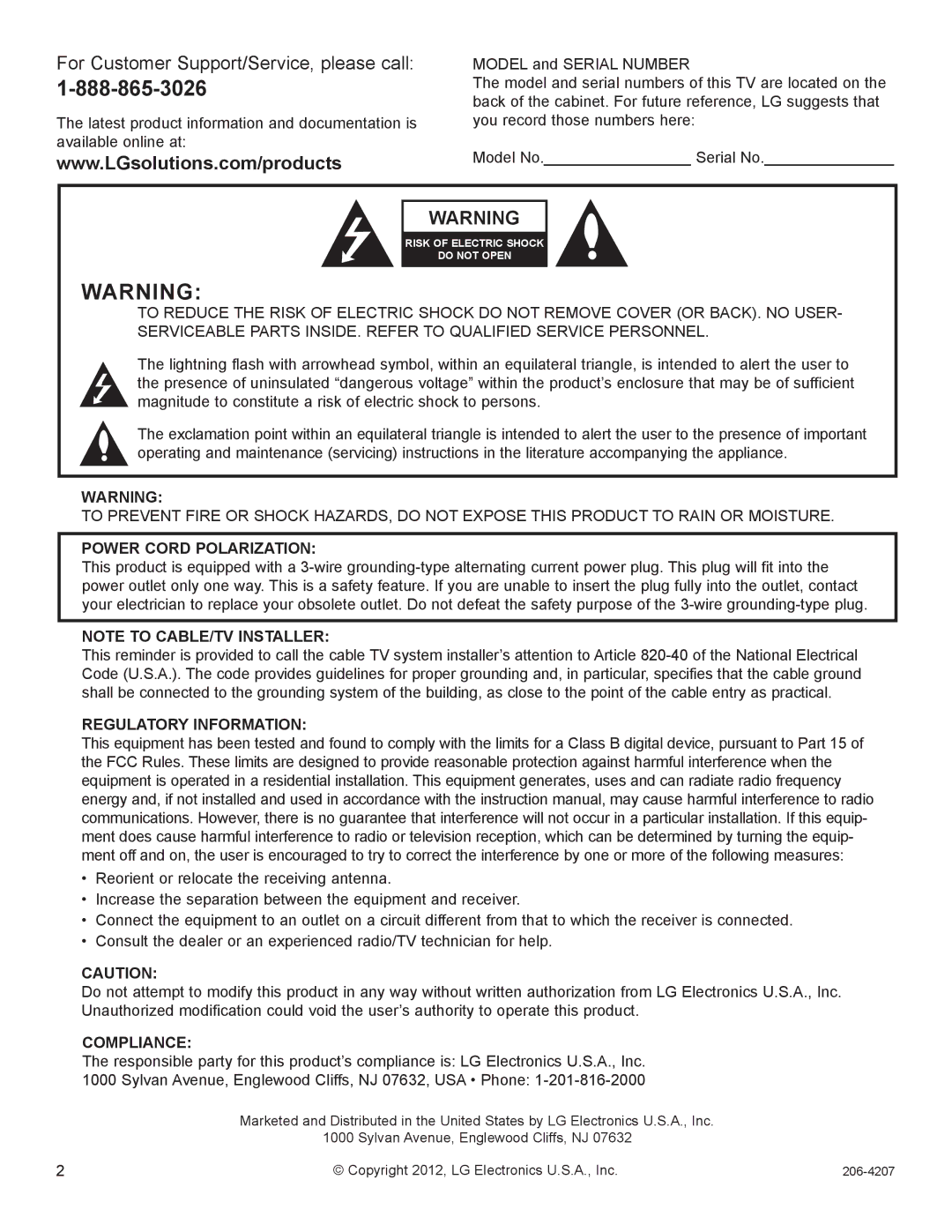 LG Electronics 26LQ630H, 32LQ630H, 42CQ610H, 22LQ630H owner manual For Customer Support/Service, please call­ 