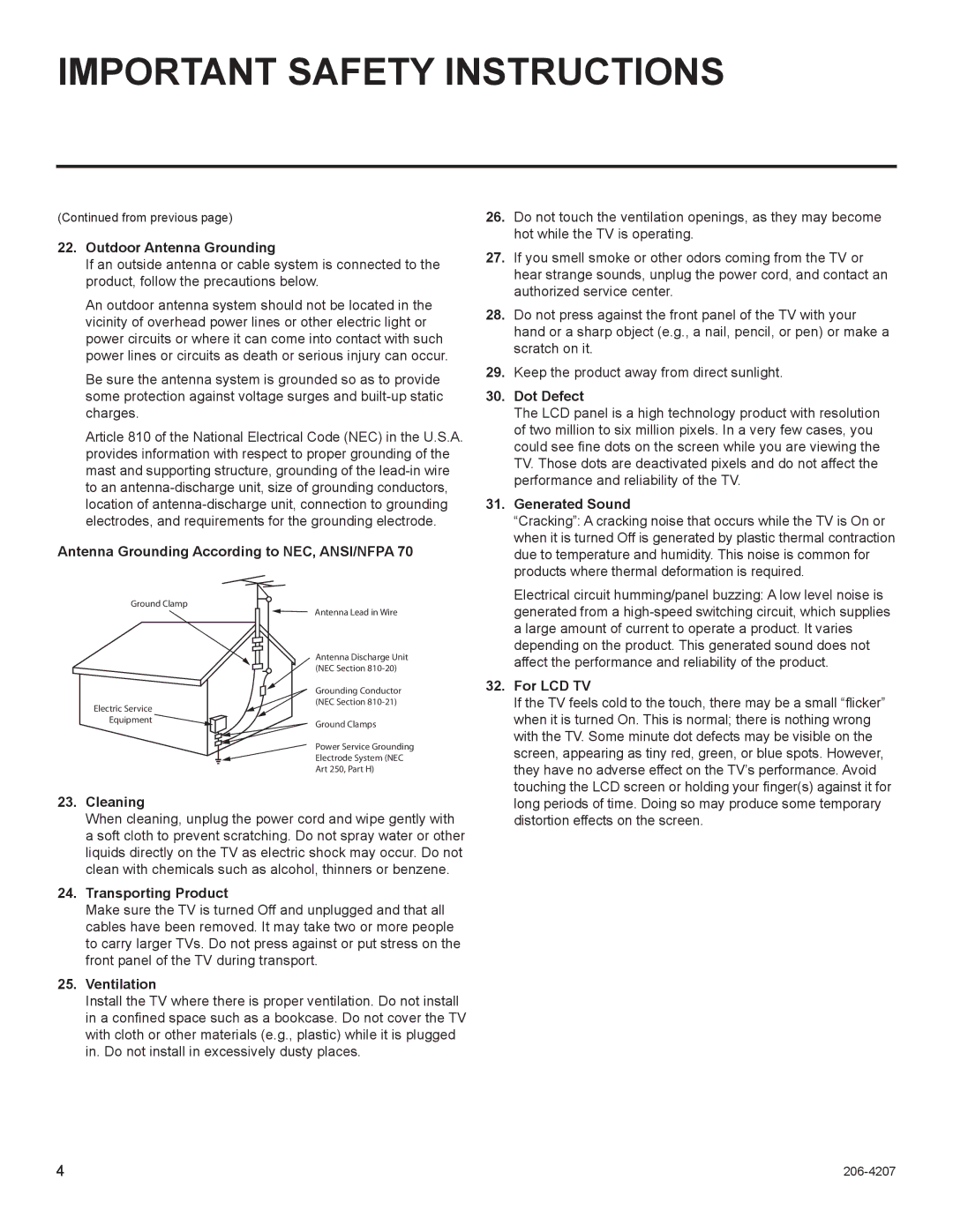 LG Electronics 42CQ610H, 32LQ630H, 22LQ630H, 26LQ630H owner manual Outdoor Antenna Grounding 