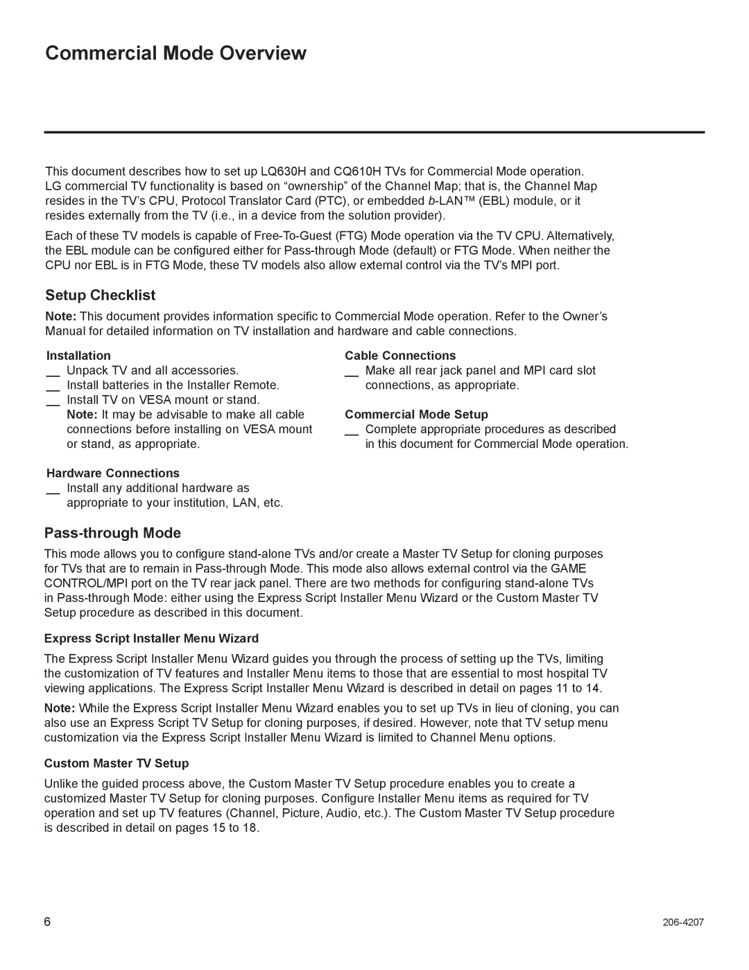 LG Electronics 26LQ630H, 32LQ630H, 42CQ610H, 22LQ630H Commercial Mode Overview, Setup Checklist, Pass-through Mode 