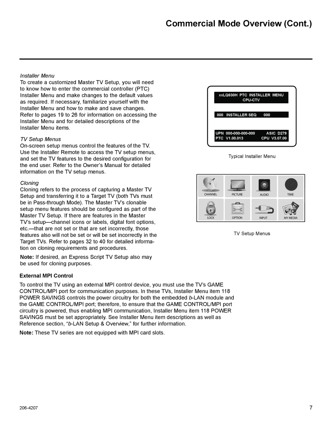 LG Electronics 32LQ630H, 42CQ610H, 22LQ630H, 26LQ630H owner manual Installer Menu, External MPI Control 