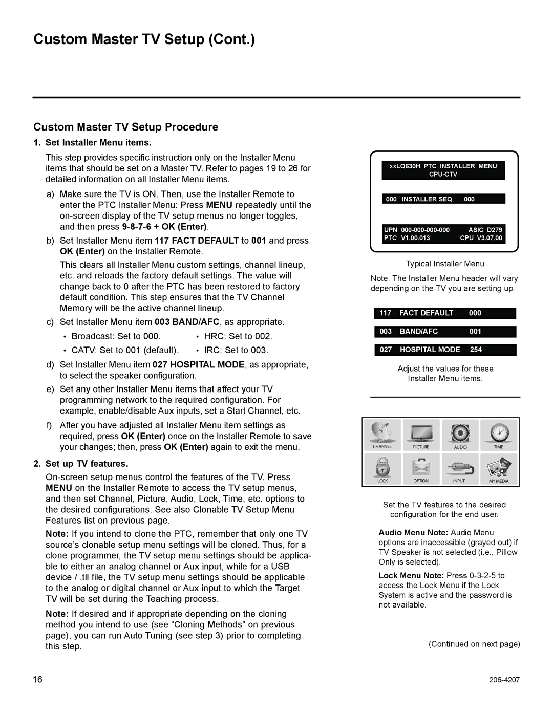 LG Electronics 42CQ610H, 32LQ630H, 22LQ630H Custom Master TV Setup Procedure, Set Installer Menu items, Set up TV features 