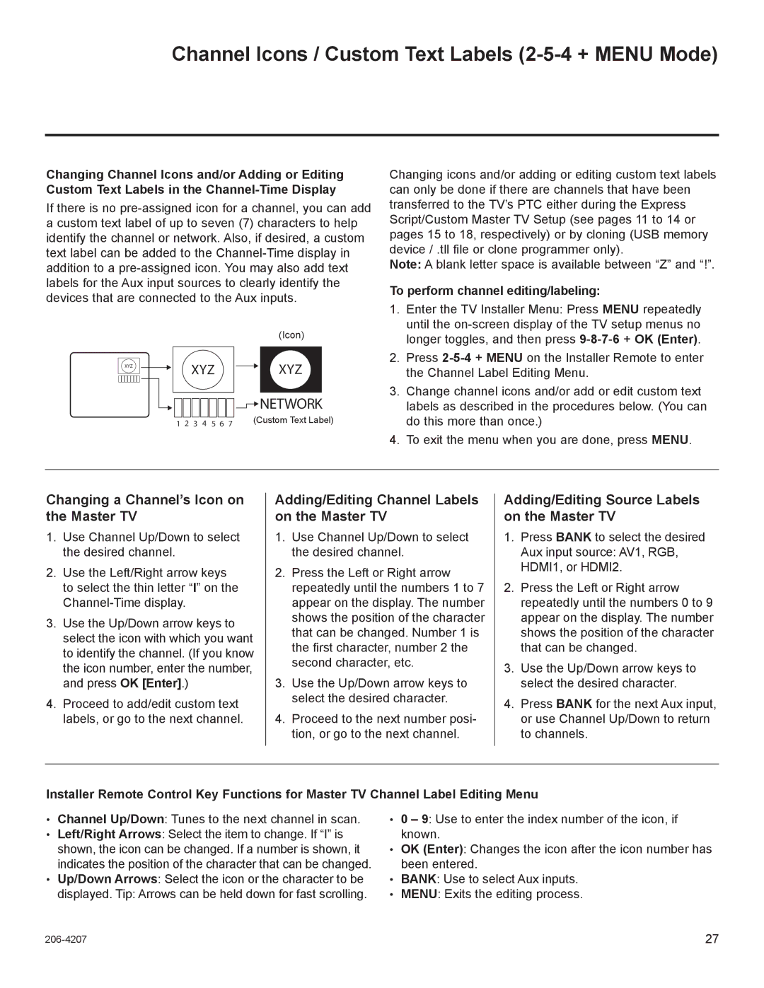 LG Electronics 32LQ630H Channel Icons / Custom Text Labels 2-5-4 + Menu Mode, To perform channel editing/labeling 