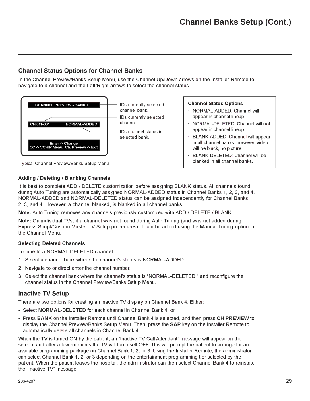 LG Electronics 22LQ630H Channel Status Options for Channel Banks, Inactive TV Setup, Adding / Deleting / Blanking Channels 