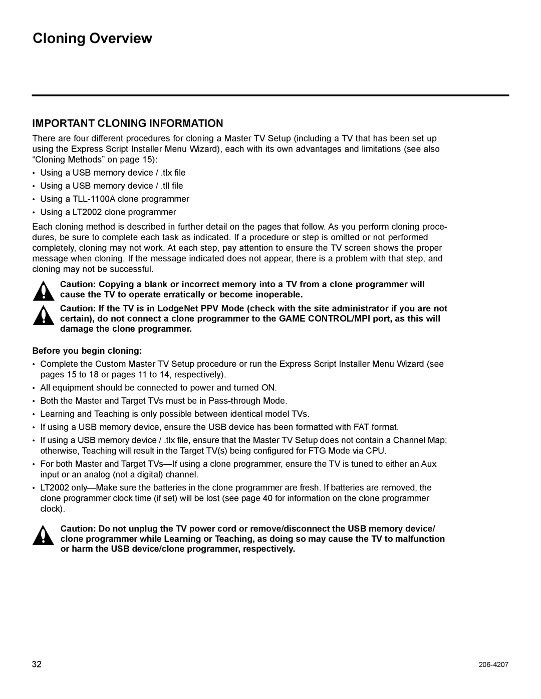 LG Electronics 42CQ610H, 32LQ630H, 22LQ630H, 26LQ630H owner manual Cloning Overview, Before you begin cloning 