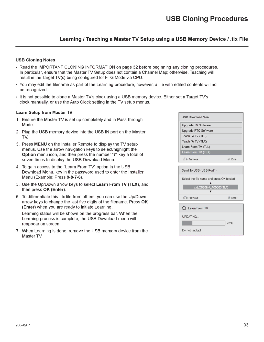 LG Electronics 22LQ630H, 32LQ630H, 42CQ610H, 26LQ630H USB Cloning Procedures, USB Cloning Notes, Learn Setup from Master TV 