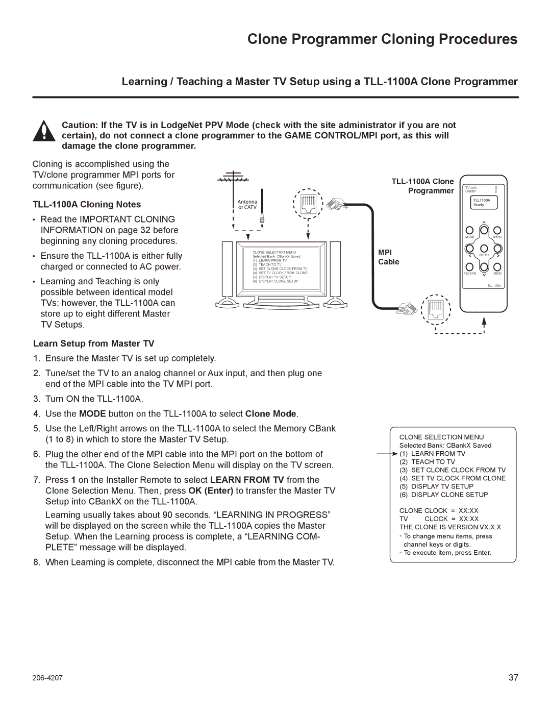 LG Electronics 22LQ630H, 32LQ630H, 42CQ610H, 26LQ630H Clone Programmer Cloning Procedures, TLL-1100A Cloning Notes 