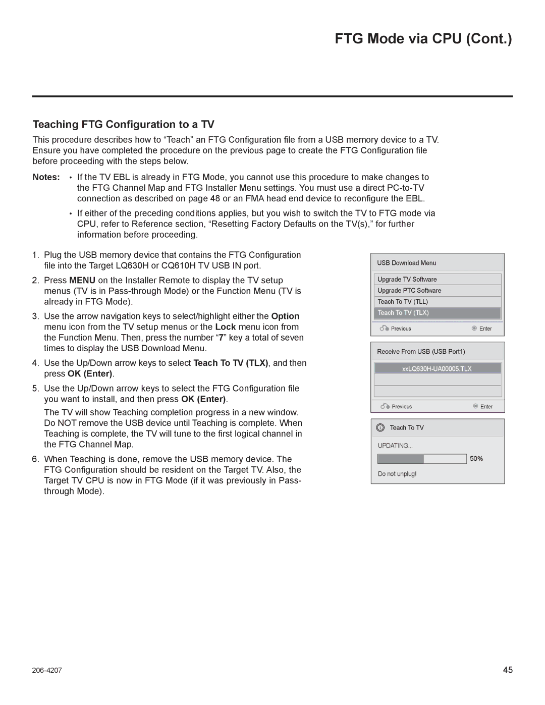 LG Electronics 22LQ630H, 32LQ630H, 42CQ610H, 26LQ630H owner manual Teaching FTG Configuration to a TV 