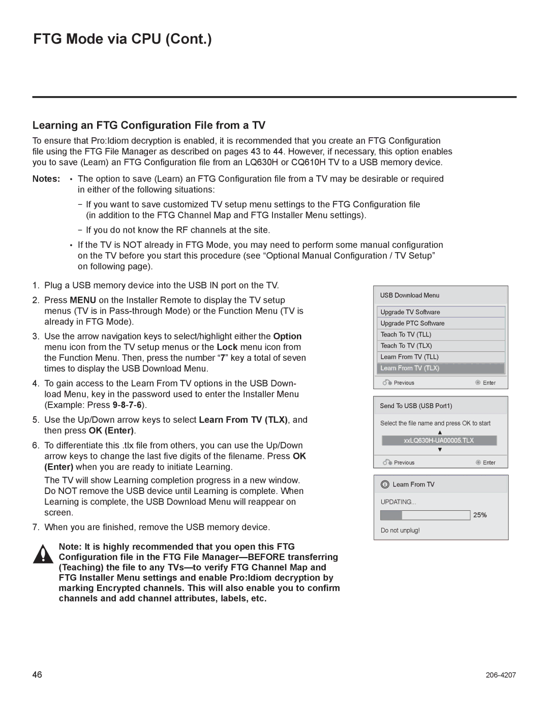 LG Electronics 26LQ630H, 32LQ630H, 42CQ610H, 22LQ630H owner manual Learning an FTG Configuration File from a TV 