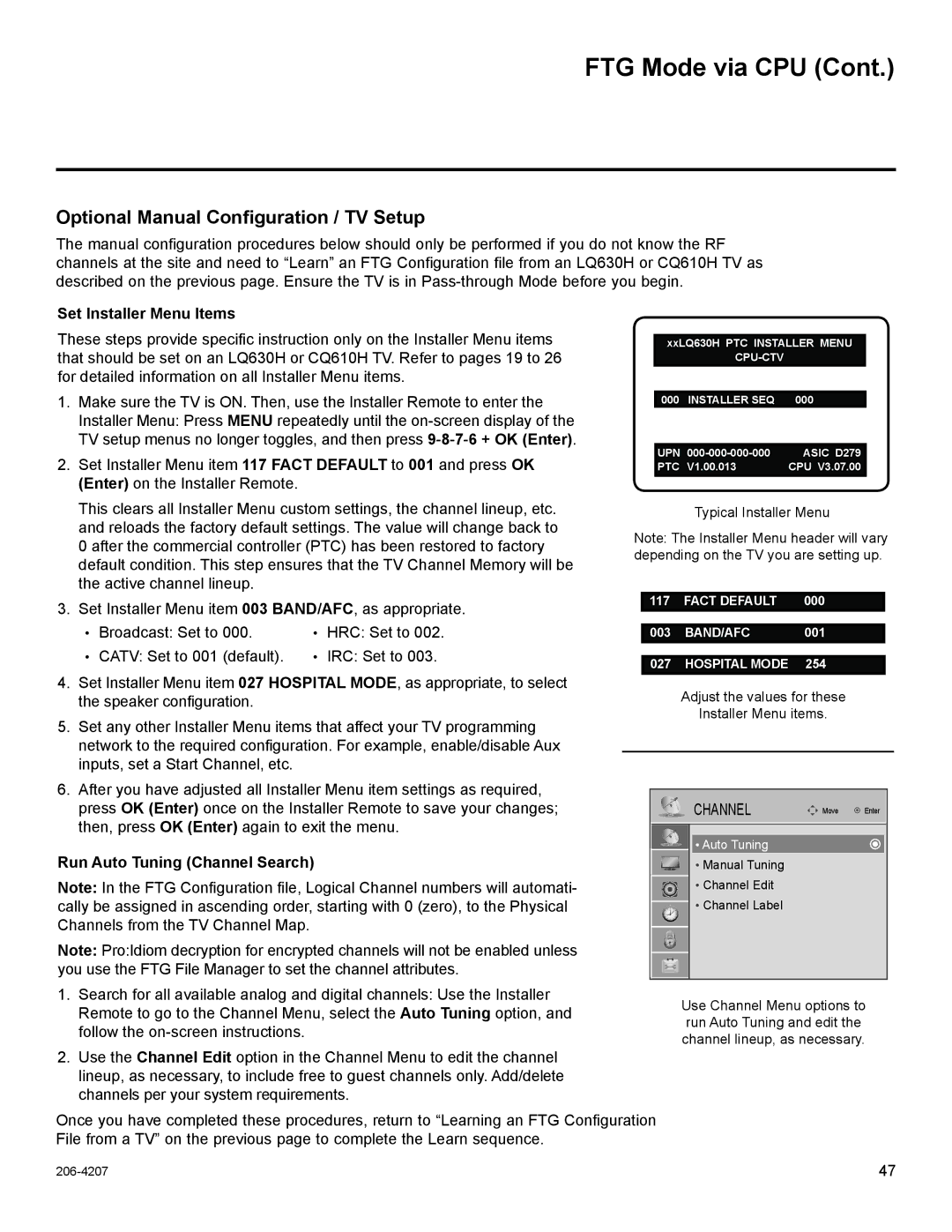 LG Electronics 32LQ630H, 42CQ610H, 22LQ630H Optional Manual Configuration / TV Setup, Run Auto Tuning Channel Search 