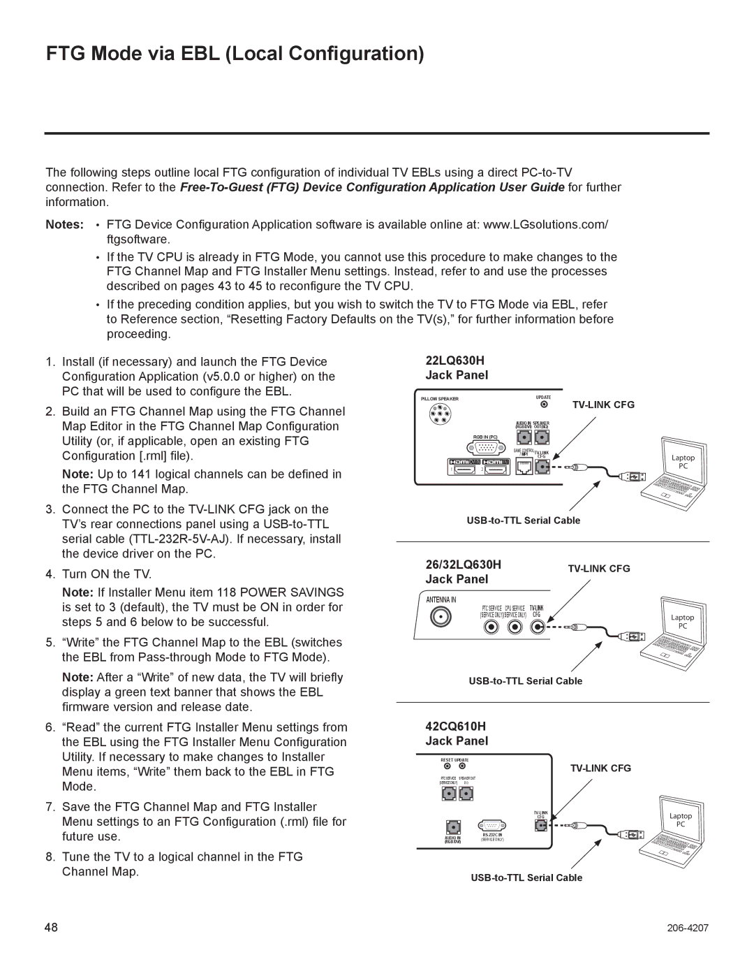 LG Electronics 42CQ610H, 26LQ630H owner manual FTG Mode via EBL Local Configuration, 22LQ630H, Jack Panel, 26/32LQ630H 