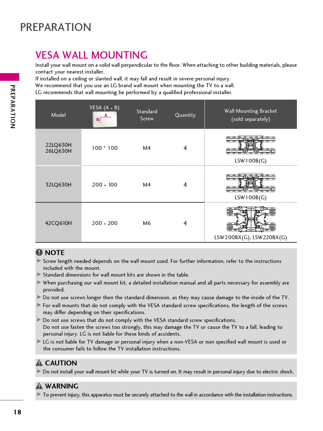 LG Electronics 22LQ630H, 32LQ630H, 42CQ610H, 26LQ630H owner manual Vesa Wall Mounting, Quantity 