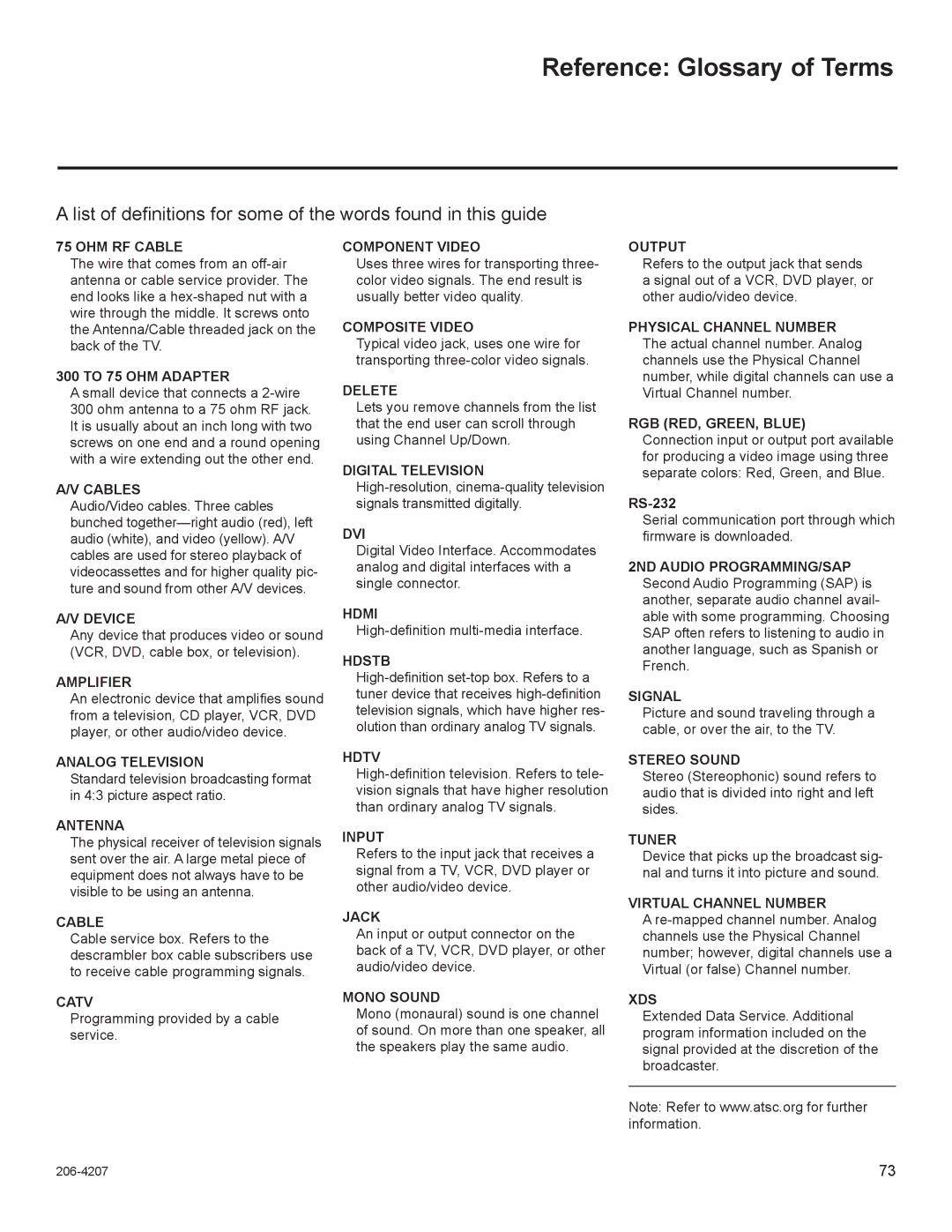 LG Electronics 22LQ630H, 32LQ630H, 42CQ610H, 26LQ630H owner manual Reference Glossary of Terms, OHM RF Cable 