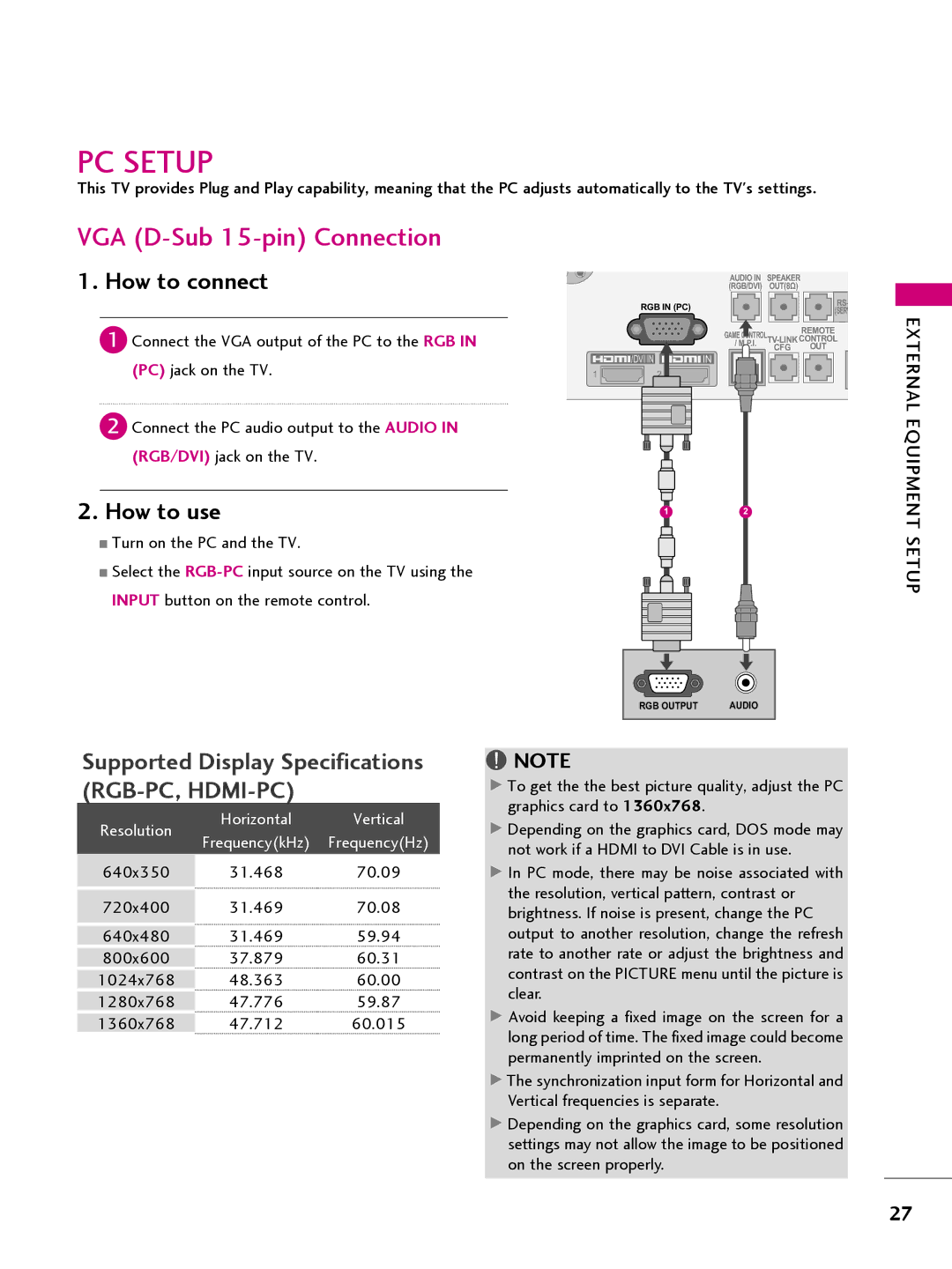 LG Electronics 26LQ630H, 32LQ630H, 42CQ610H, 22LQ630H owner manual PC Setup, VGA D-Sub 15-pin Connection 