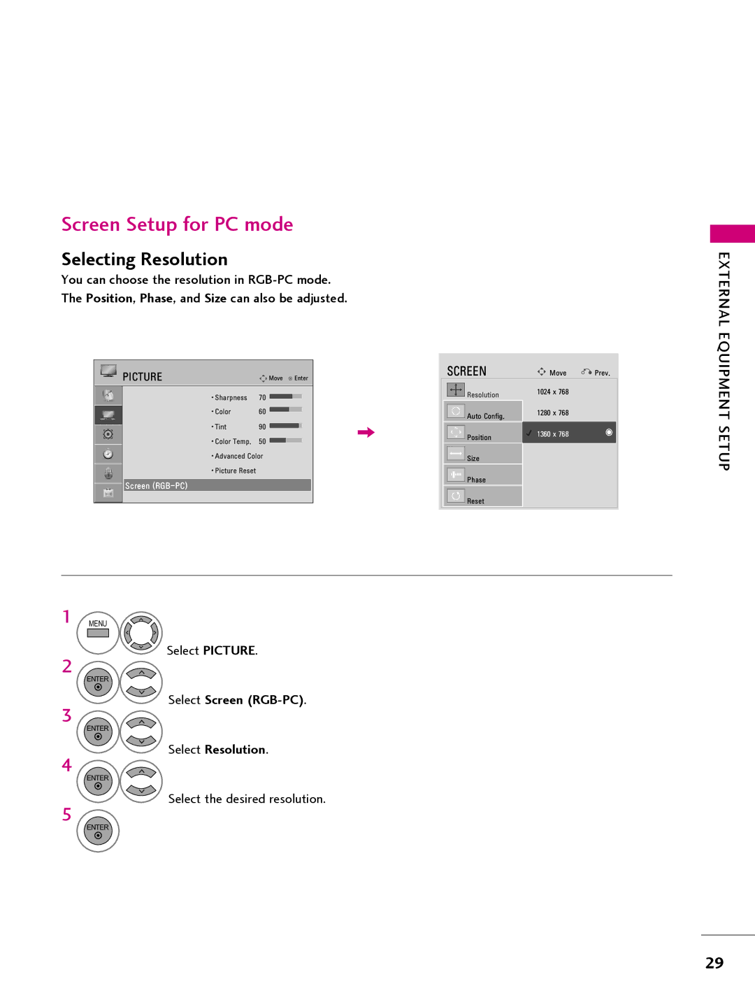 LG Electronics 42CQ610H, 32LQ630H, 22LQ630H, 26LQ630H Screen Setup for PC mode, Select Screen RGB-PC, Select Resolution 