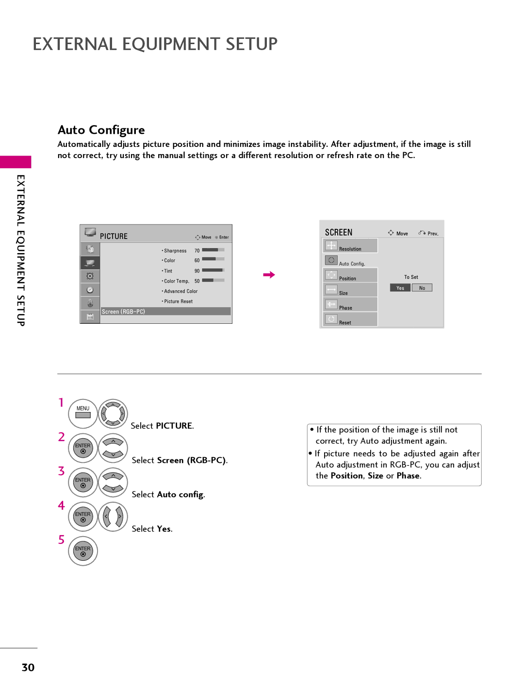 LG Electronics 22LQ630H, 32LQ630H, 42CQ610H, 26LQ630H owner manual Auto Configure, Select Auto config 