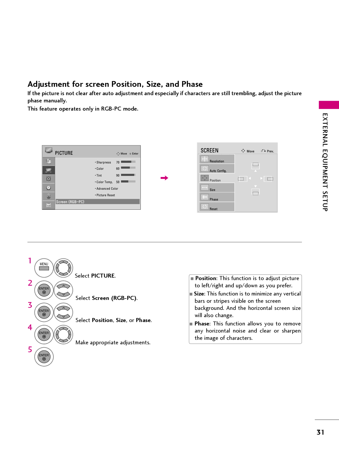 LG Electronics 26LQ630H, 32LQ630H Adjustment for screen Position, Size, and Phase, Select Position, Size, or Phase 