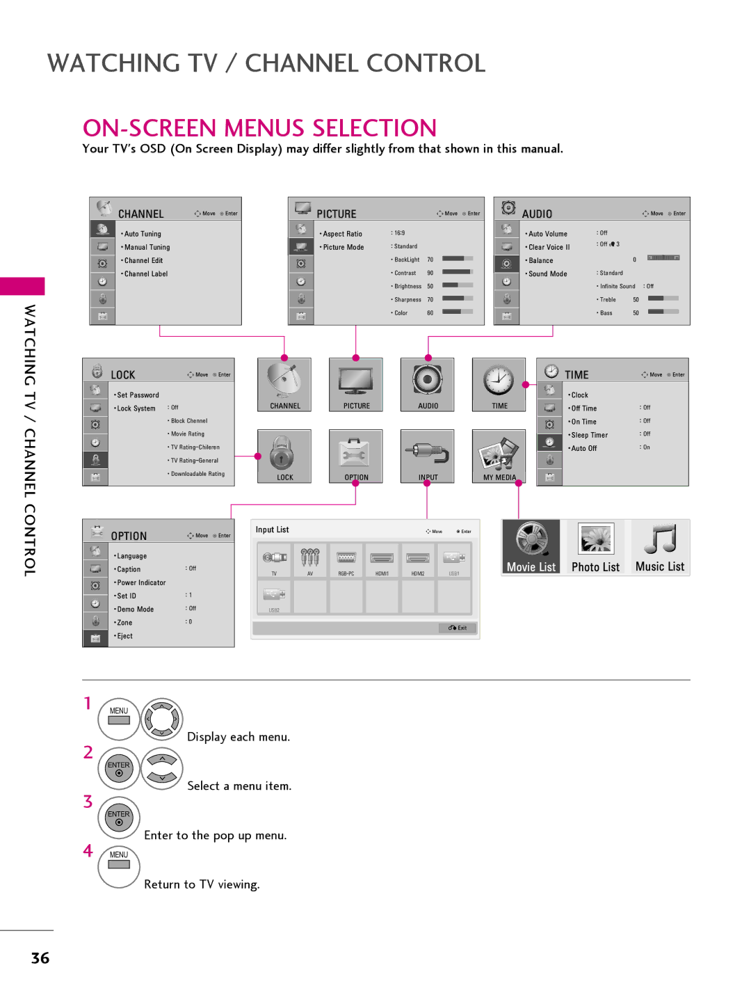 LG Electronics 32LQ630H, 42CQ610H, 22LQ630H, 26LQ630H owner manual ON-SCREEN Menus Selection, Audio 