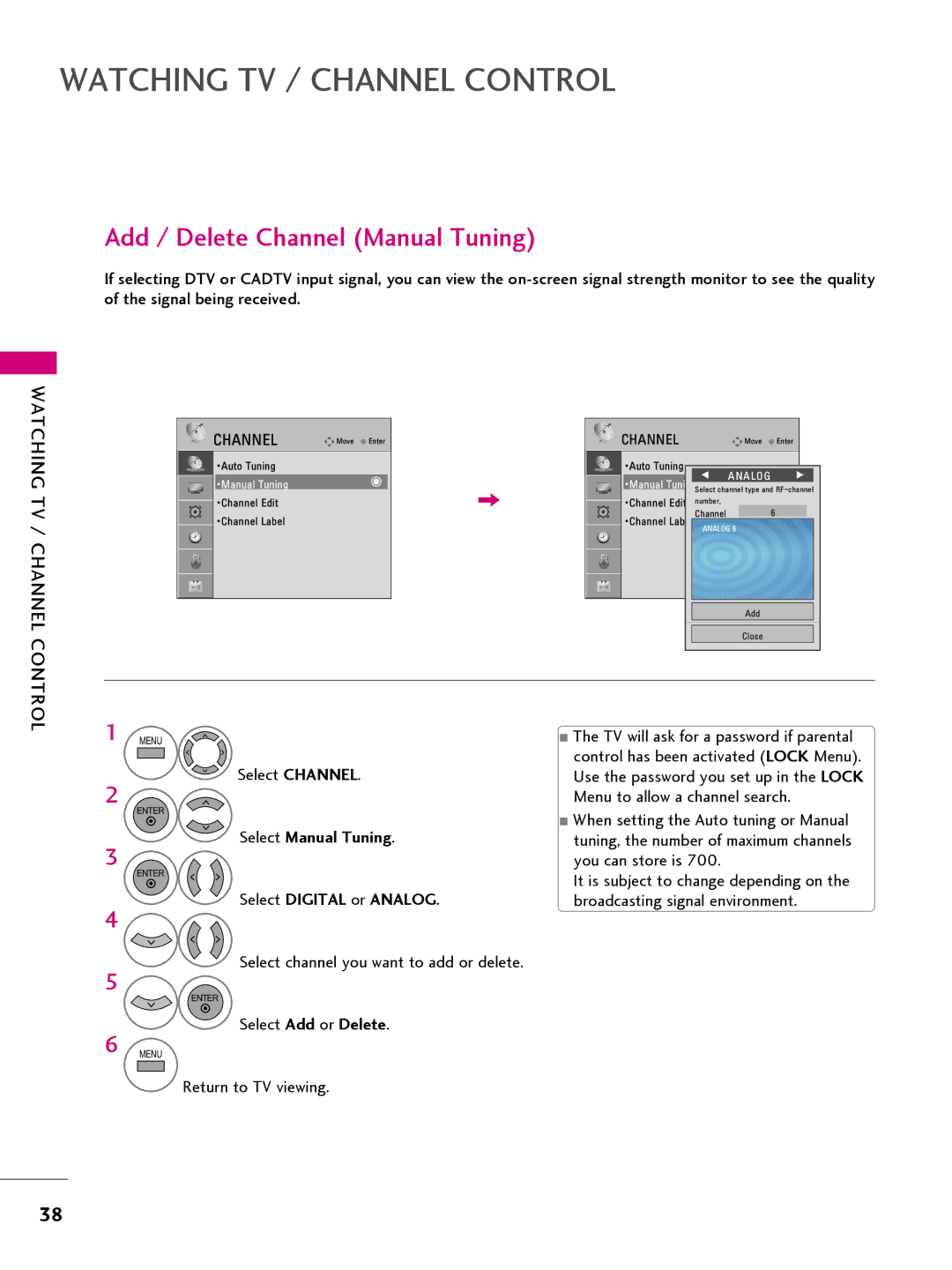 LG Electronics 22LQ630H, 32LQ630H Add / Delete Channel Manual Tuning, Select Manual Tuning, Select Digital or Analog 