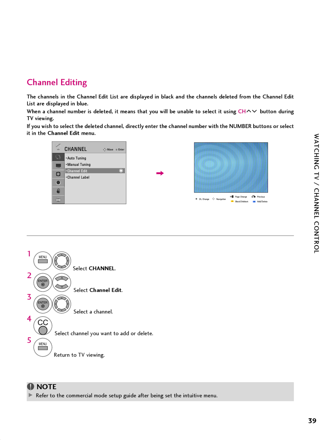 LG Electronics 26LQ630H, 32LQ630H, 42CQ610H, 22LQ630H owner manual Channel Editing, Select Channel Edit 