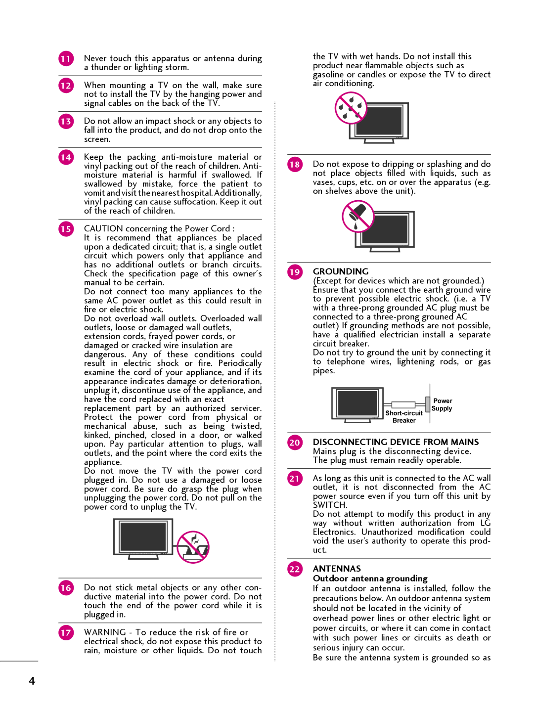 LG Electronics 32LQ630H, 42CQ610H, 22LQ630H, 26LQ630H owner manual Grounding, Outdoor antenna grounding 