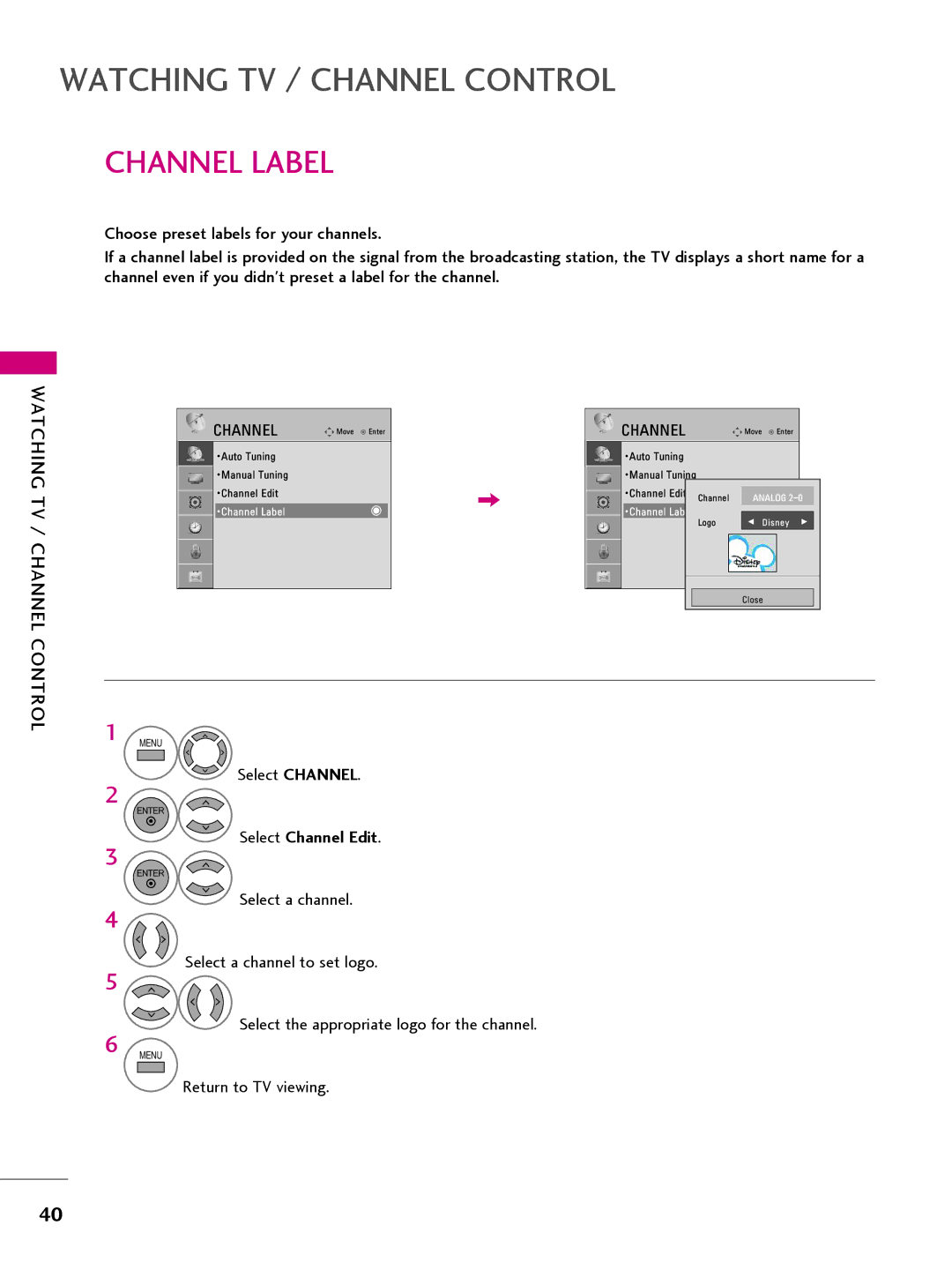 LG Electronics 32LQ630H, 42CQ610H, 22LQ630H, 26LQ630H owner manual Channel Label 