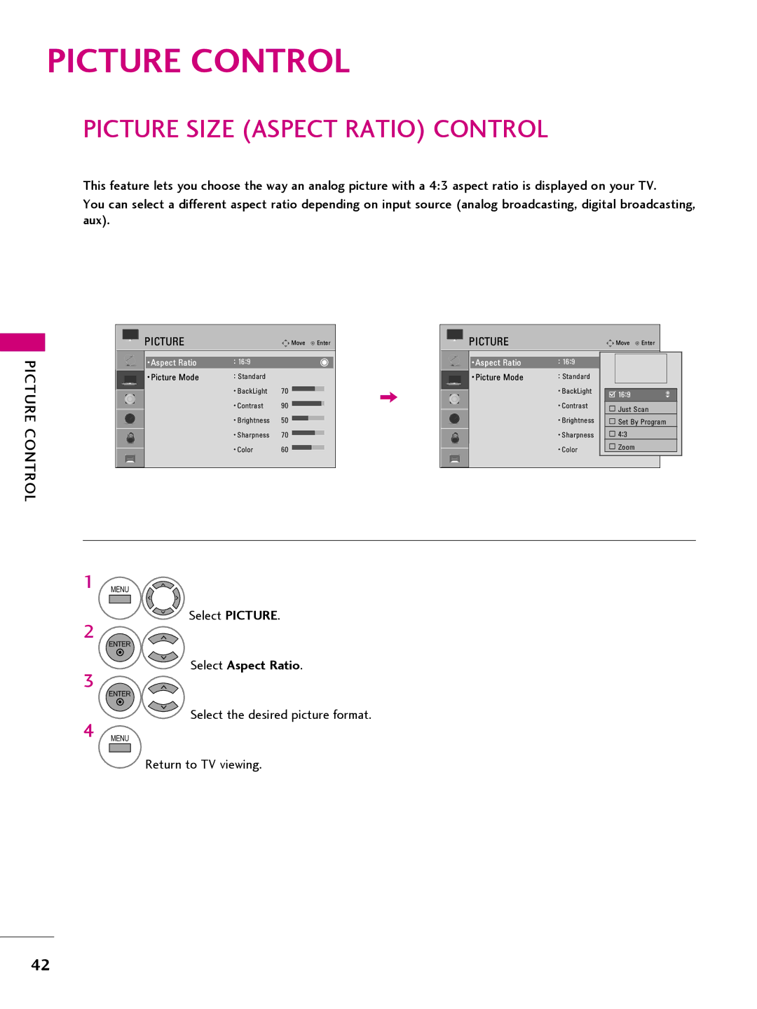 LG Electronics 22LQ630H, 32LQ630H, 42CQ610H, 26LQ630H owner manual Picture Size Aspect Ratio Control, Select Aspect Ratio 