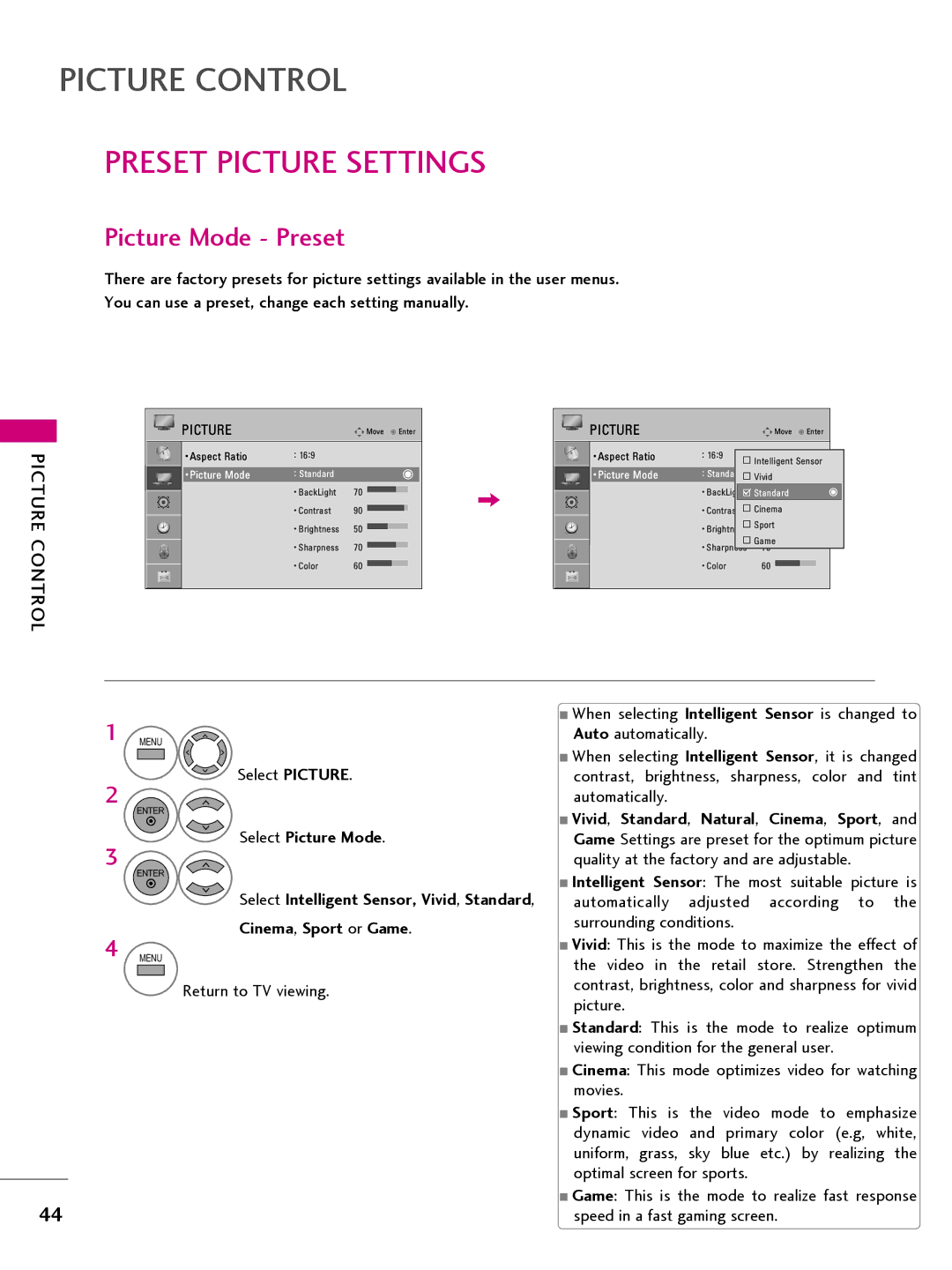 LG Electronics 32LQ630H, 42CQ610H, 22LQ630H, 26LQ630H Preset Picture Settings, Picture Mode Preset, Select Picture Mode 