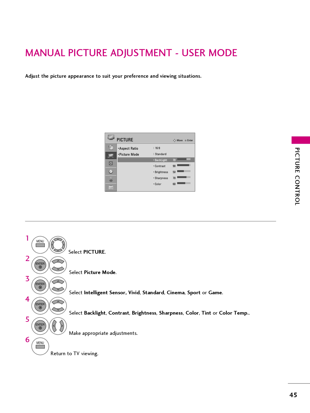 LG Electronics 42CQ610H, 32LQ630H, 22LQ630H, 26LQ630H owner manual Manual Picture Adjustment User Mode 